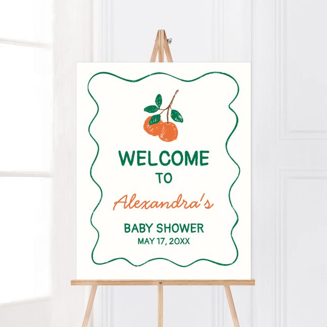 Poster Citrus Little Cutie Baby shower moderne Bienvenue (Citrus Little Cutie Baby Shower Welcome Sign)