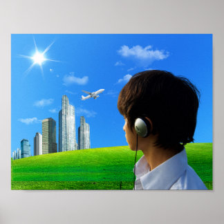 Poster City Skyline Headphones Frutiger Aero