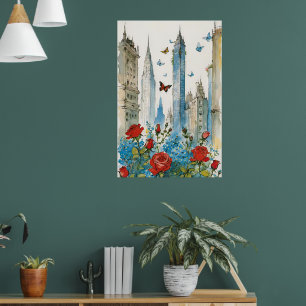 Poster Cityscape avec Roses, Oubliez-Moi-Nots & Papillons