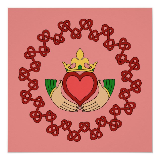 Poster Claddagh et Red Knotwork sur rose (Devant)