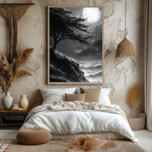 Poster Clair de Lune Tempétueux sur la Falaise en Monochr