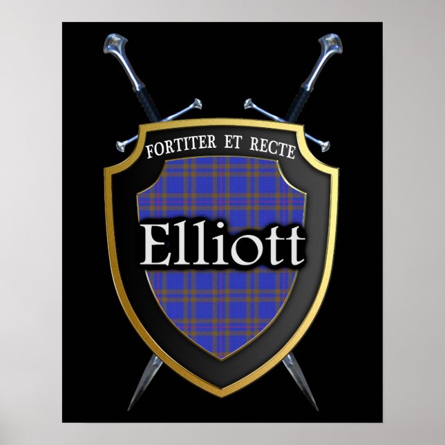 Poster Clan Elliott Tartan Scottish Shield & Swords (Devant)