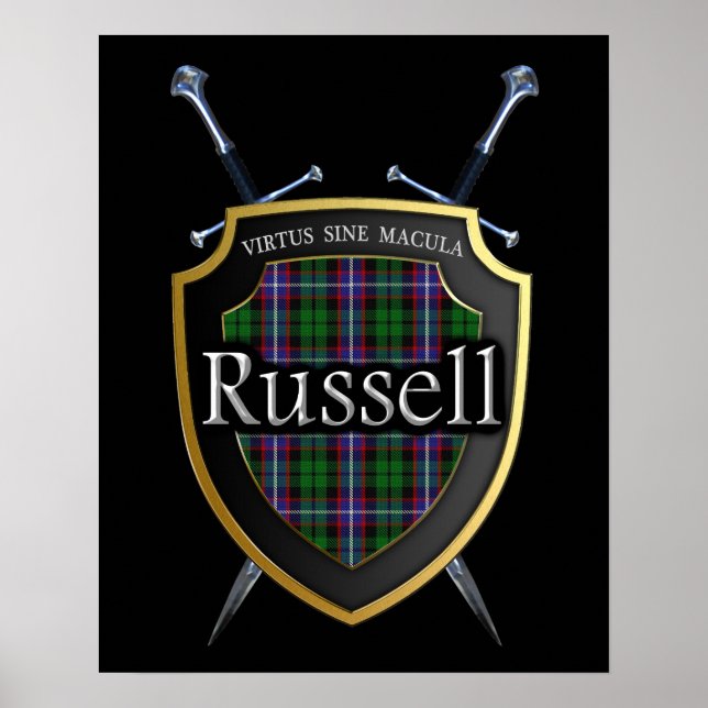 Poster Clan Russell Tartan Bouclier & épées Imprimer (Devant)