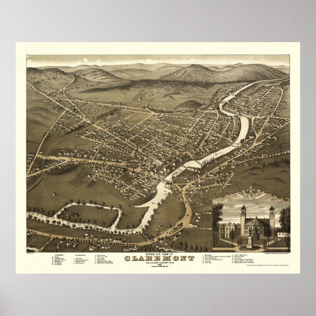 Poster Claremont, NH Panoramic Map - 1877 (Devant)