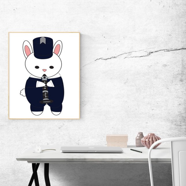 Poster Clarinet Marching Band Lapin Bunny Navy Blue (A poster of a bunny rabbit playing the clarinet in a navy blue and white marching band uniform.)