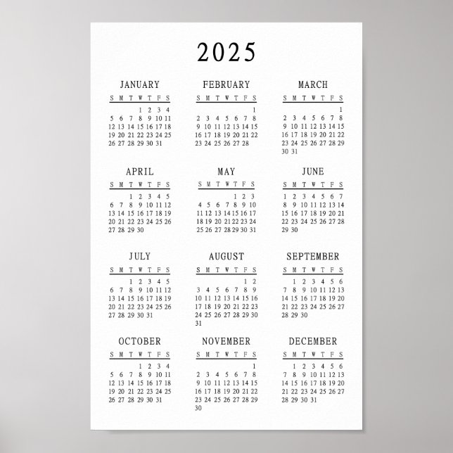 Poster Classic Black and White 2025 Simple Basic Calendar (Devant)