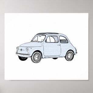 Poster Classic Blue Fiat 500 Style Crayon