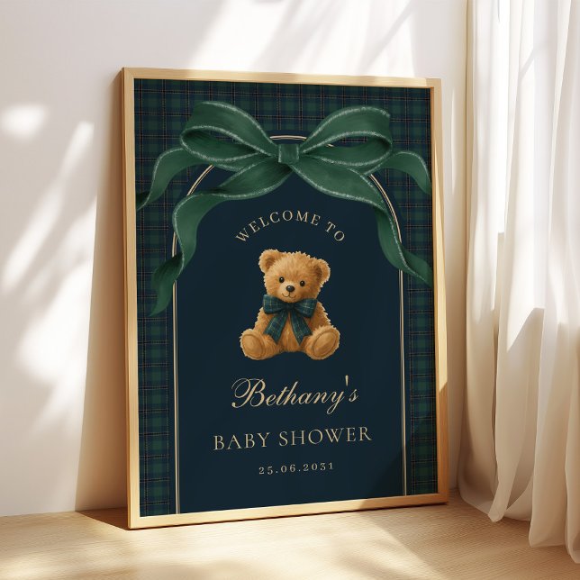 Poster Classic Green Plaid Teddy Bear Baby Shower Welcome (Créateur téléchargé)