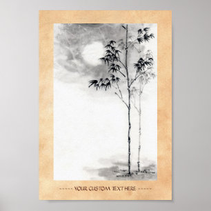 Poster Classic  japanese sumi-e painting art bamboo moon