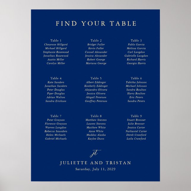 Poster Classic Navy and Cream Wedding Seating Chart (Devant)