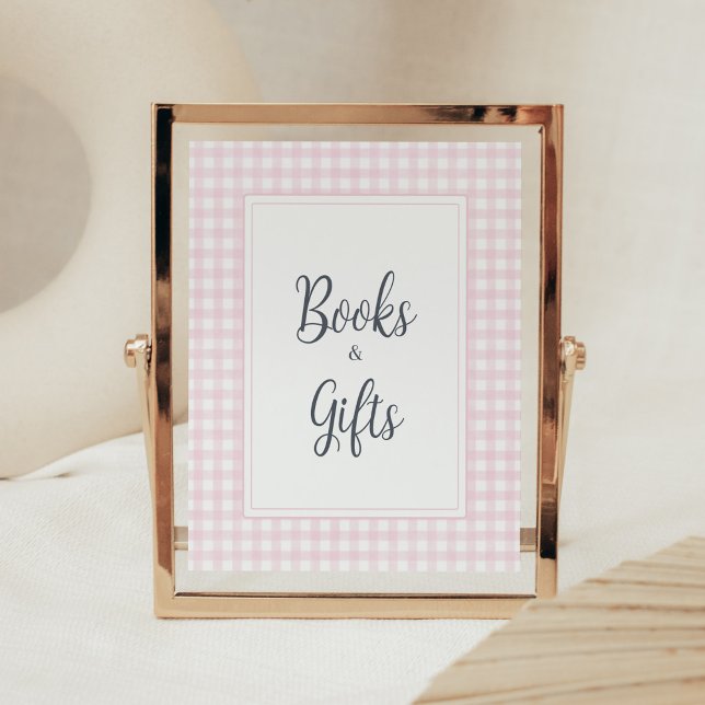 Poster Classic Rose En vichy Baby showers Livres et cadea (Girl Gingham Baby Shower Books and Gifts Sign)
