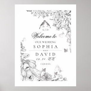 Poster Classique Mariage Bienvenue Fleurs Blanc Noir 