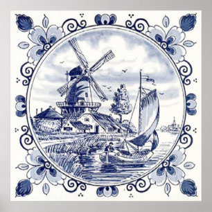 Poster Classique Vintage Chic Hollandais Windmill Delft B
