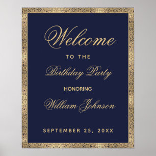 Poster Classy Navy Blue Gold Birthday Party Welcome Sign