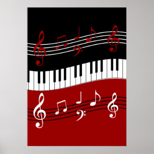 Poster Clés et notes de piano noir rouge élégant