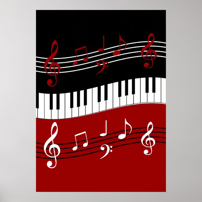 Poster Clés et notes de piano noir rouge élégant (Devant)