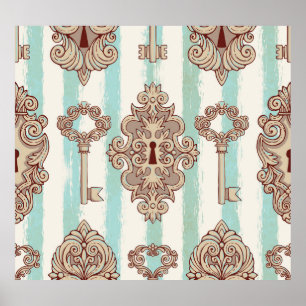 Poster Clés vintages, verrous : motif à main levée.