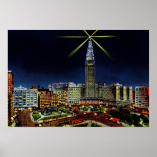 Poster Cleveland Ohio Skyline la nuit