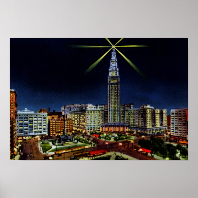 Poster Cleveland Ohio Skyline la nuit (Devant)