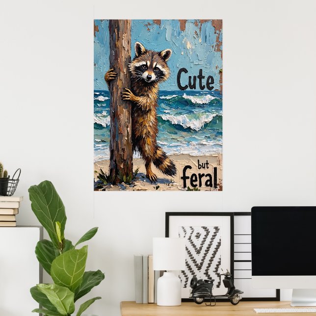 Poster Climat côtier : Raccoon au bord de la mer (Bureau à domicile)