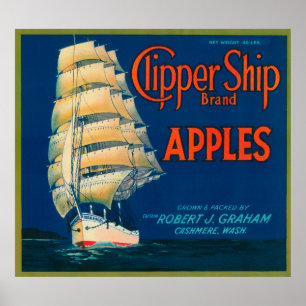Poster Clipper Ship Apple Étiquette (vert) - Cashmere, WA