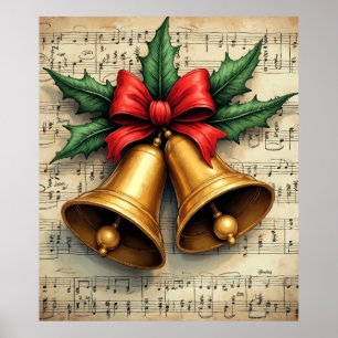 Poster Cloche de Noël sur partition de musique,