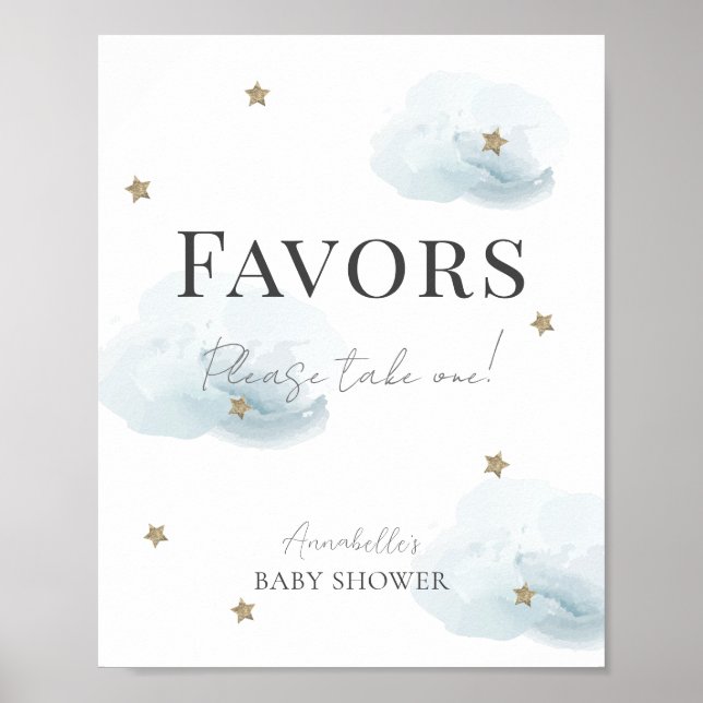 Poster Cloud 9 Blue Clouds & Stars Boy Baby shower Faveur (Devant)