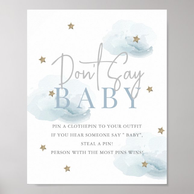 Poster Cloud 9 étoiles d'or Baby shower bleu Ne pas dire  (Devant)