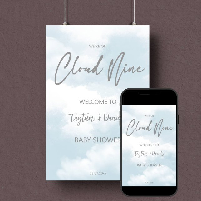 Poster Cloud neuf pastel gris baby shower signe d'accueil (Cloud nine pastel grey baby shower editable template welcome sign digital download entrance decor)