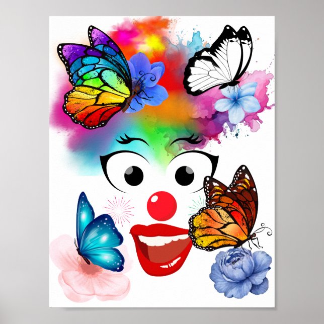 Poster Clown, papillons et couleurs pastel (Devant)