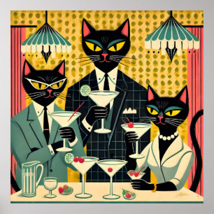 Poster Club Martini Cat Noir Futuriste Rétro