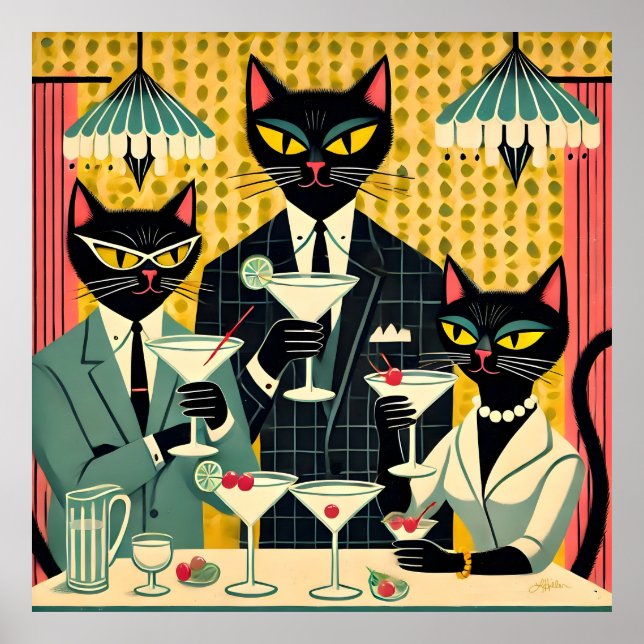 Poster Club Martini Cat Noir Futuriste Rétro (Devant)