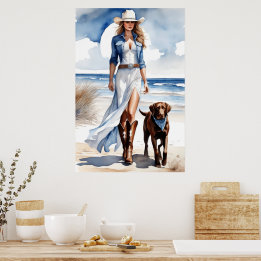 Poster Coastal Cowgirl avec Aquarelle de chien