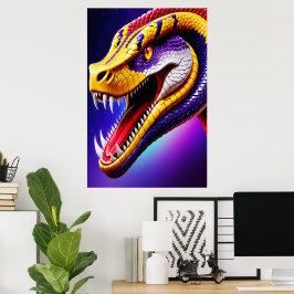 Poster Cobra rouge vif violet blanc et jaune écailles