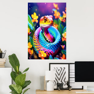 Poster Cobra serpent avec rose et jaune turquoise éclatan