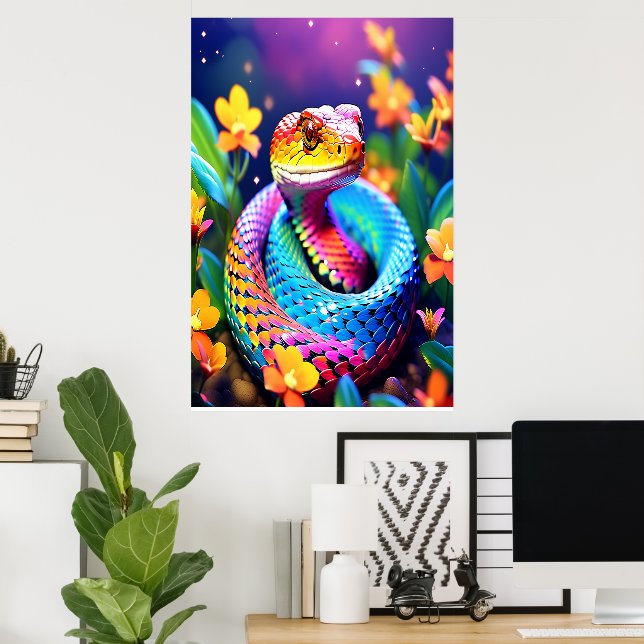 Poster Cobra serpent avec rose et jaune turquoise éclatan (Bureau à domicile)
