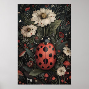 Poster Coccinelle dans un jardin de fleurs sombres impres