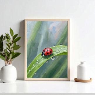 Poster Coccinelle sur une feuille couverte de rosée - Imp