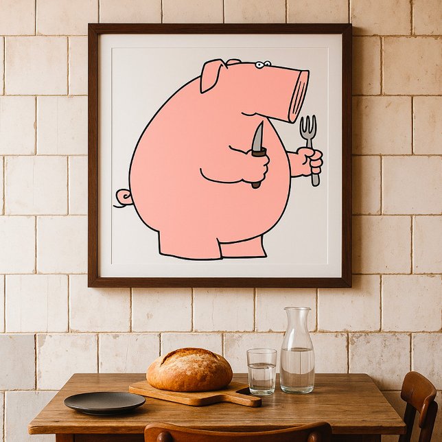 Poster Cochon affamé drôle tenant une fourchette et un co (Créateur téléchargé)