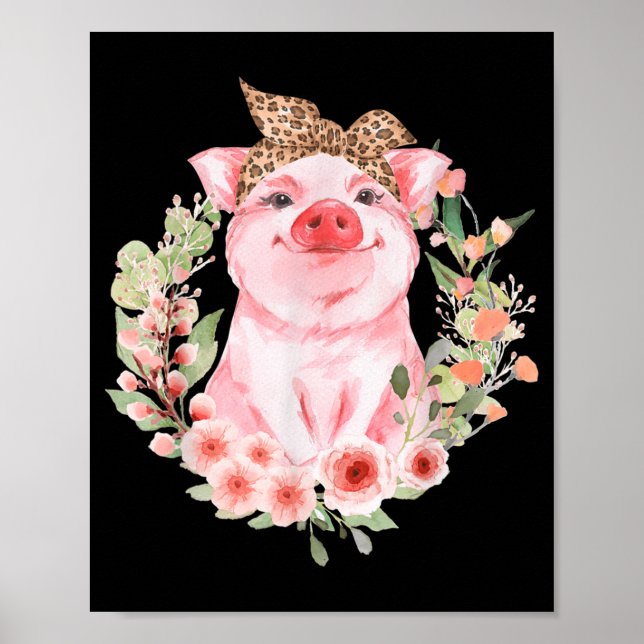 Poster Cochon Avec Bandeau Léopard Fleur Cochon Mélange (Devant)