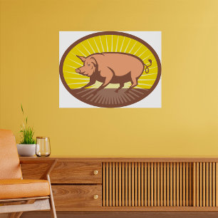 Poster Cochon de ferme rétro avec Sunburst