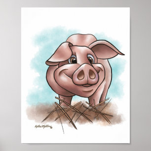 Poster Cochon Rose dans la Paille Dessin Animé