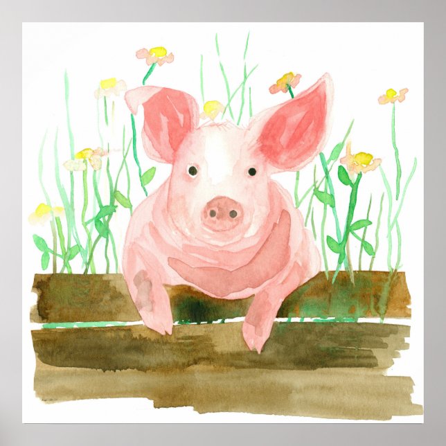 Poster Cochon Rose Sur La Clôture Barnyard Animal De Ferm (Devant)