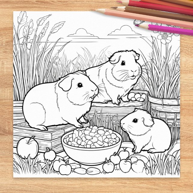 Poster Cochons d'Inde Animaux de Compagnie Mignons à Colo (A cute picture to color, featuring three guinea pigs with their food)