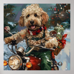Poster Cockapoo Chien chevauchant la moto Noël