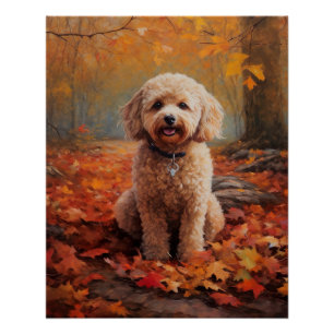 Poster Cockapoo dans les feuilles d'automne qui tombent i
