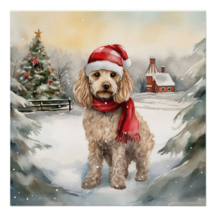 Poster Cockapoo Dog in Snow Christmas