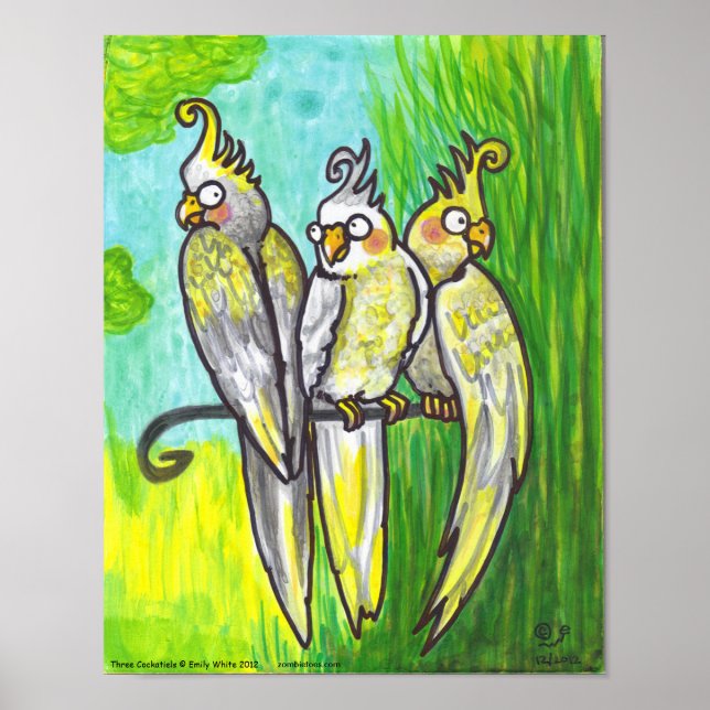 Poster Cockatiels 3 Cartoon Oiseaux à pois bas art (Devant)