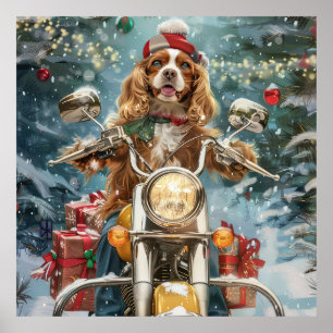 Poster Cocker Spaniel Chien équitation Moto Noël