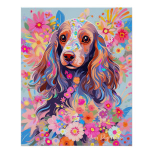 Poster Cocker Spaniel Chien et Fleurs 002 - Bijou sur mes